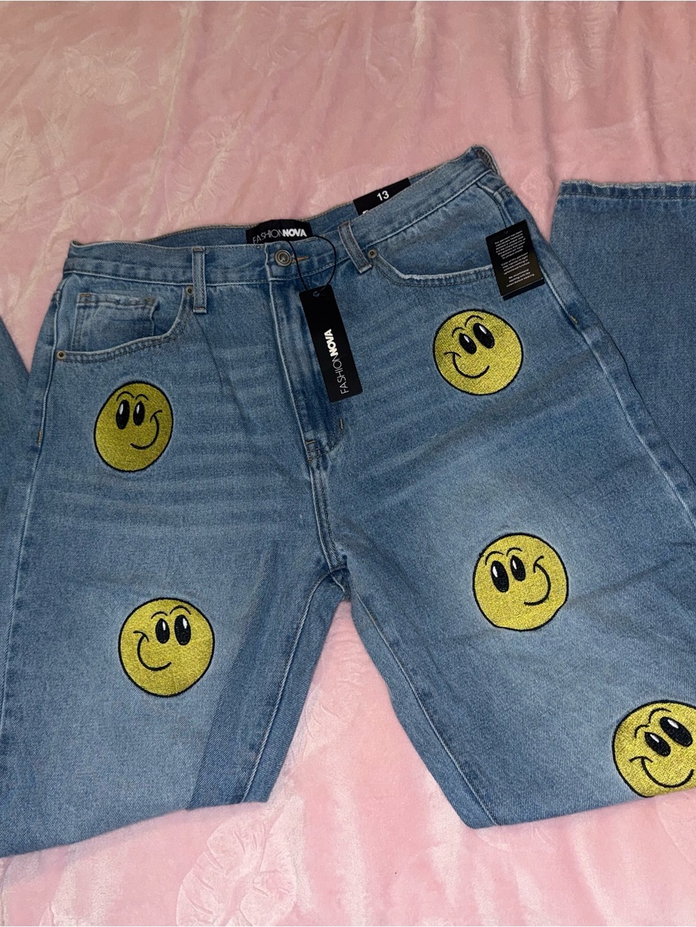 Happy Hour blue jeans with yellow smiley face patches NWT fashion nova size 13